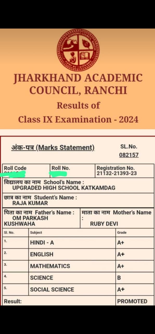 Student from Jharkhand Board - A Grade in Maths and S.St